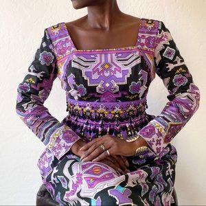 Vtg Abstract Maxi Dress with Embellished Waist